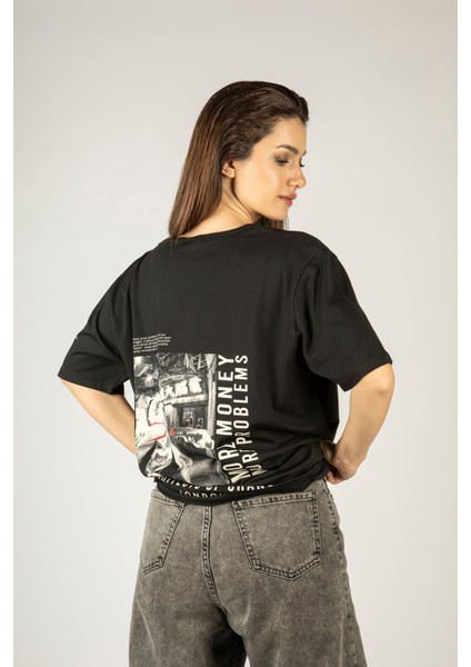 Woxxo More Money More Problems Baskılı Unisex Oversize T-Shirt -Siyah Lycralı Modal/pamuk