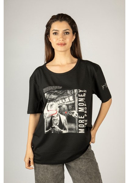 Woxxo More Money More Problems Baskılı Unisex Oversize T-Shirt -Siyah Lycralı Modal/pamuk