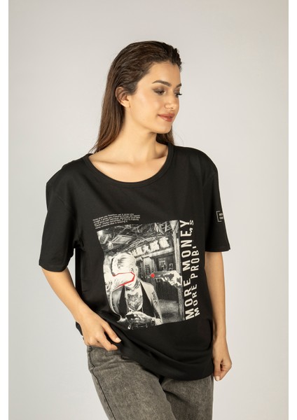Woxxo More Money More Problems Baskılı Unisex Oversize T-Shirt -Siyah Lycralı Modal/pamuk
