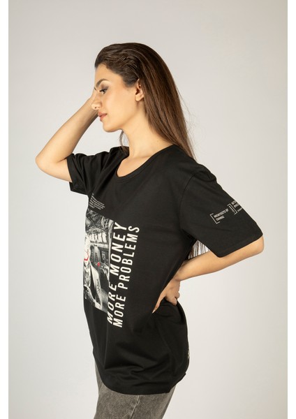 Woxxo More Money More Problems Baskılı Unisex Oversize T-Shirt -Siyah Lycralı Modal/pamuk