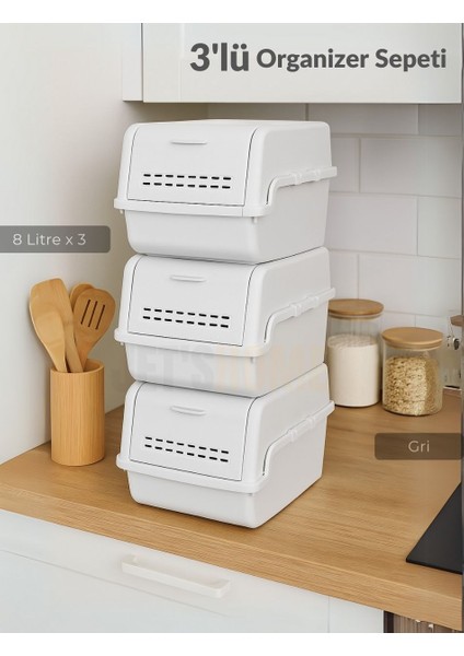 3'lü Set Organizer Erzak Kutusu Bpa Free Saklama Kutusu Soğanlık Sebzelik Sepet Gri 8 Lt x 3