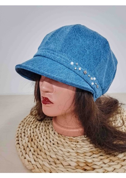 Kadın Kot Denim Taşlı Geniş Siperli Şapka