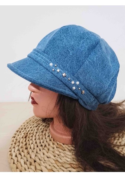 Kadın Kot Denim Taşlı Geniş Siperli Şapka