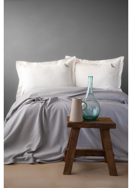 Pure Gri Nakışlı Luks Çift Kişilik Pike Seti