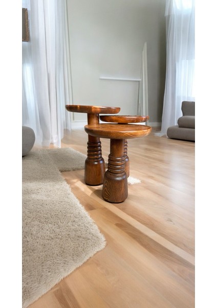 Wood Ahşap 3’lü Set Fitilli Mantar Yan Sehpa Modern Fiskos / Açık Ceviz Renk / Zigon Sehpa Vernikli