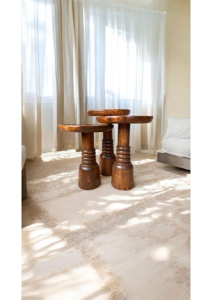 Wood Ahşap 3’lü Set Fitilli Mantar Yan Sehpa Modern Fiskos / Açık Ceviz Renk / Zigon Sehpa Vernikli modelleri