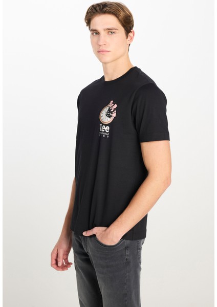 Regular Fit Grafik Bas Siyah Erkek Kısa Kol T-Shirt