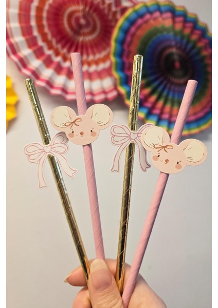 Pembe Fare Pipet Süsleri 10LU Fare Konsept Lüks Pipet Paketi