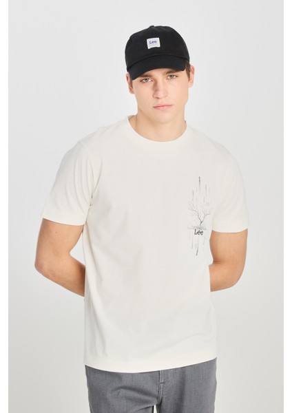 %100 Pamuk Regular Fit Normal Kesim Bisiklet Yaka Baskılı Ekru Tişört