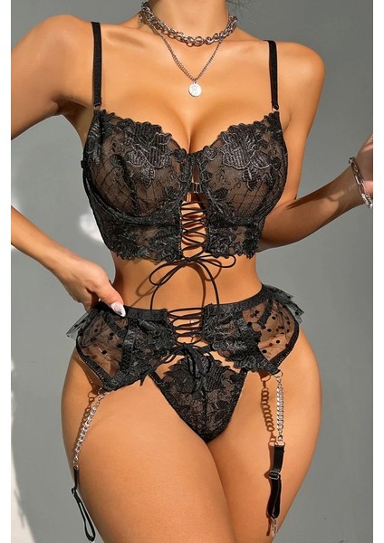 Modern Şık Elegant Dantelli Siyah Jartiyer Gecelik Set