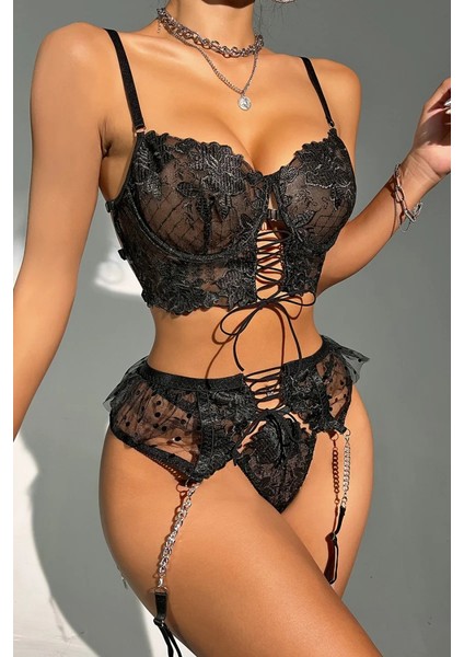 Modern Şık Elegant Dantelli Siyah Jartiyer Gecelik Set modelleri