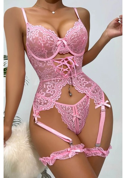 Modern Şık Rahat Estetik Pembe Dantelli Jartiyer Gecelik Takım