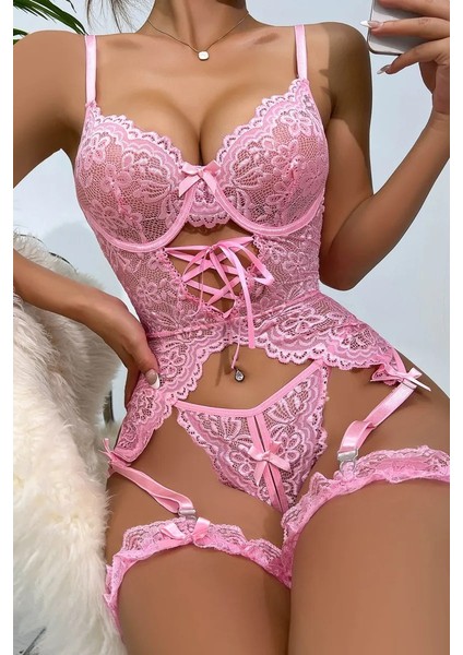Modern Şık Rahat Estetik Pembe Dantelli Jartiyer Gecelik Takım fırsatları
