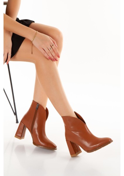 Kadın Özel Tasarım Fermuarlı Taba Bot ( SMX-0172-01 )