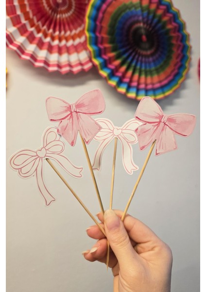 Pembe Fiyonk Tema Kürdan Süsleri Cupcake Süsleri Lüks Büyük Boy 10LU Paket