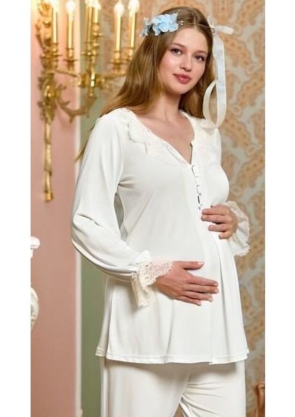 25143 Kadın Krem Dantel Detay Lohusa Pijama Takım
