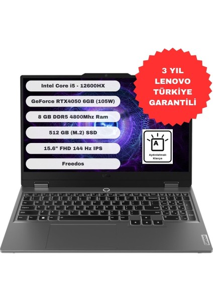 Loq 15IAX9 Intel Core I5 12600HX 8gb 512GB SSD RTX4050 Freedos 15.6" Fhd Taşınabilir Bilgisayar 83GS00PETR