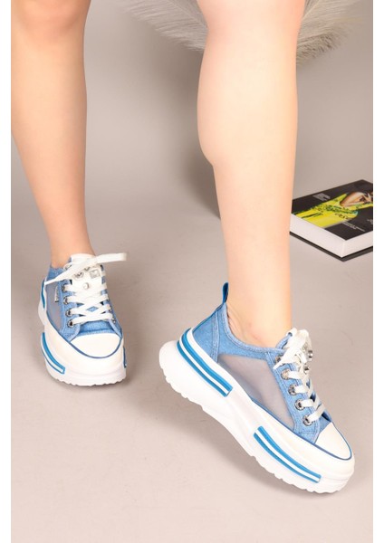 Joyse Tül Detaylı Keten Sneakers Mavi