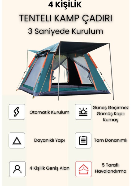 4 Kişilik Tam Otamatik Tenteli Kamp Çadırı Portatif Anti-Uv Outdoor Plaj Piknik Çadırı