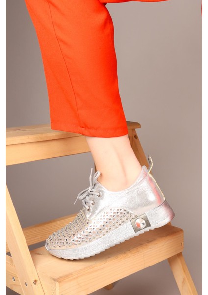 Fluff Lazerli Taşlı Bağcıklı Sneakers Gümüş