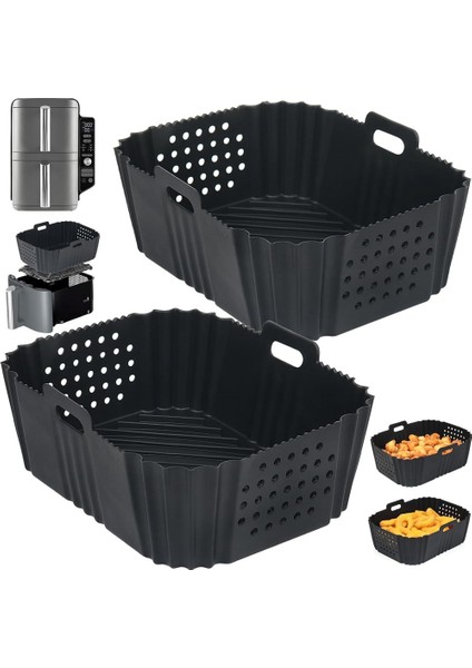 Ninja SL401 Çift Yığın 2 Sepetli Hava Fritözü Için Hava Fritözü Kaplamaları Yeniden Kullanılabilir Dikdörtgen Delikli Silikon Kaplamalar Siyah (Yurt Dışından)