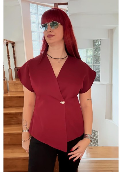 Bordo Gold Düğmeli T Kol Ceket