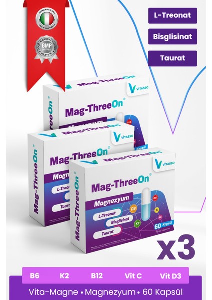 Magnezyum 3'lü Paket Magthreeon 60 Kapsül Yetişkinler Için Vitamin ve Magnezyum Gıda Takviyesi