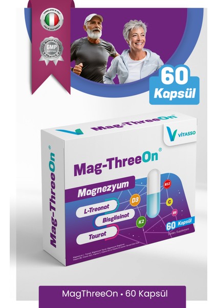 Magnezyum 3'lü Paket Magthreeon 60 Kapsül Yetişkinler Için Vitamin ve Magnezyum Gıda Takviyesi