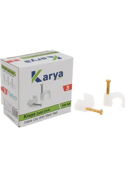 Karya 3 Numara Çivili 7 mm Kroşe (100LÜ Poşet)(2x1.5 - 3x1.5 Ttr Kablolar Için)