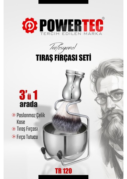 TR-120 Profesyonel Paslanmaz Çelik Tıraş Fırçası Seti 3'ü 1 Arada