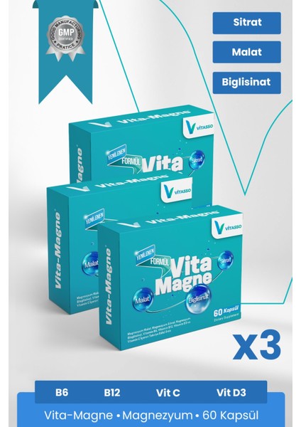 Magnezyum 3'lü Vitamagne Yetişkinler Için Vitamin B6-B12-D-D3 Magnezyum Mineral Gıda Takviyesi