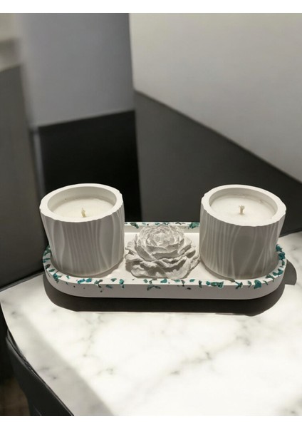 Dekoratif Doğal Taşlı 3'lü Sunum Seti ,lavanta Kokulu Soya Wax Mum Seti