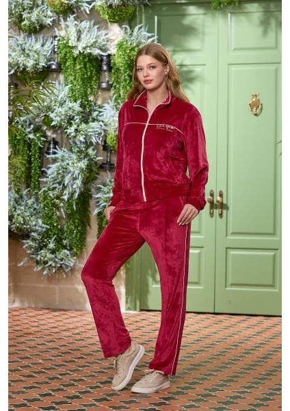 25303 Kadın Bordo Polar Kumaş Spor Eşofman Takımı