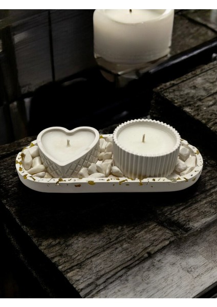 Dekoratif Doğal Taşlı 2'li Sunum Seti ,lavanta Kokulu Soya Wax Mum Seti