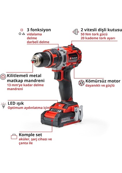 Einhell Te CD 18/50 Li-I Bl Darbeli Vidalama 2x2,0 Ah