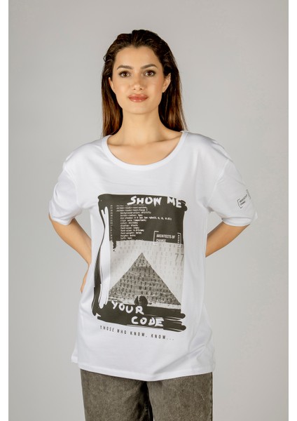Woxxo Show Me Your Code Baskılı Unisex Oversize T-Shirt -Beyaz Lycralı Modal/pamuk