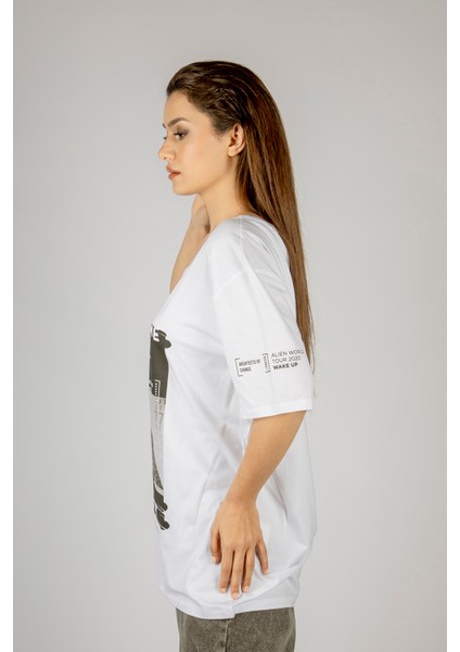 Woxxo Show Me Your Code Baskılı Unisex Oversize T-Shirt -Beyaz Lycralı Modal/pamuk