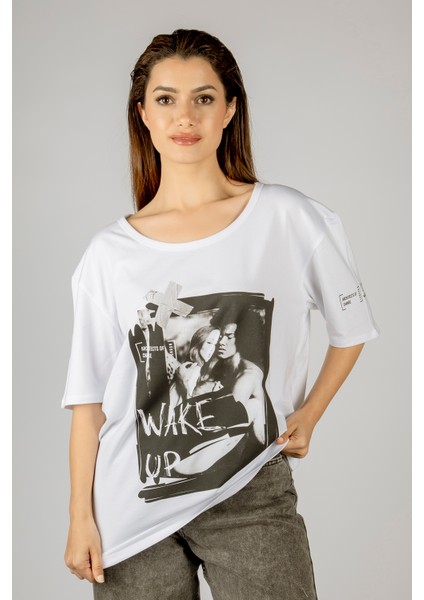Woxxo Wake Up Baskılı Unisex Oversize T-Shirt -Beyaz Lycralı Modal/pamuk