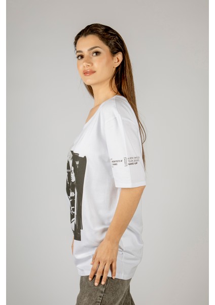 Woxxo Wake Up Baskılı Unisex Oversize T-Shirt -Beyaz Lycralı Modal/pamuk fiyatları