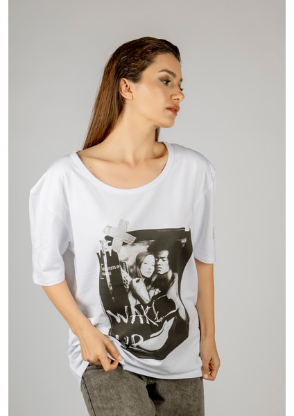 Woxxo Wake Up Baskılı Unisex Oversize T-Shirt -Beyaz Lycralı Modal/pamuk modelleri