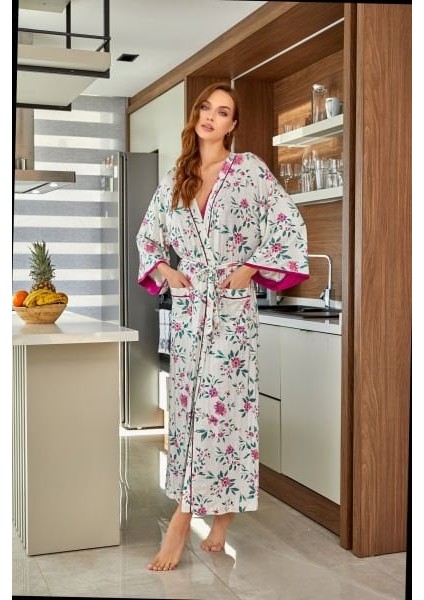24562 Kadın Desenli Uzun Kimono Sabahlık