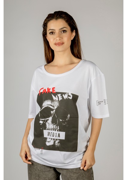 Woxxo Fake News Baskılı Unisex Oversize T-Shirt -Beyaz Lycralı Modal/pamuk