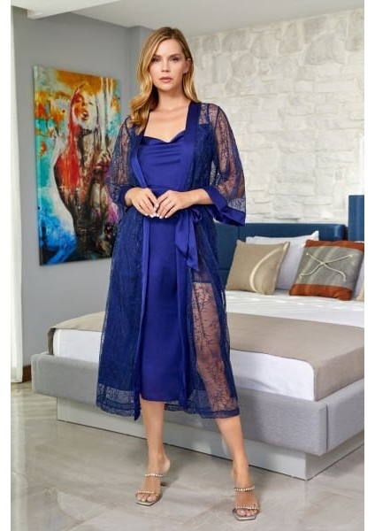 24616 Kadın Lacivert Dantel Midi Boy Dantelli Sabahlık