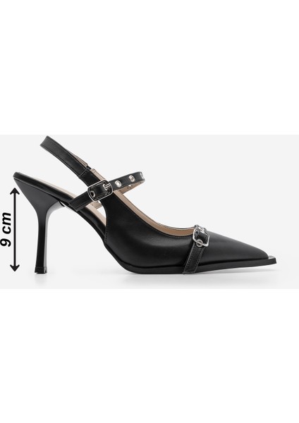 Kadın Stiletto Sivri Burun Troklu Arkası Açık Atkılı Topuklu Ayakkabı Zekra