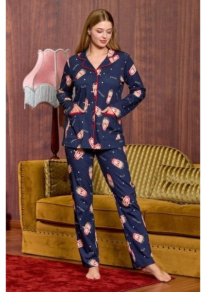 25040 Kadın Desenli Gömlek Yaka Önden Düğmeli Uzun Kol Pamuklu Pijama Takımı