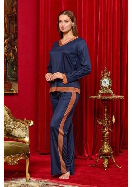 25078 Kadın Lacivert Uzun Kol V Yaka Modal Kumaş Pijama Takımı