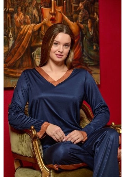 25078 Kadın Lacivert Uzun Kol V Yaka Modal Kumaş Pijama Takımı