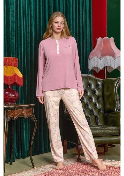 25186 Kadın Gül Kurusu Desenli Uzun Kol Pamuklu Büyük Beden Pijama Takımı