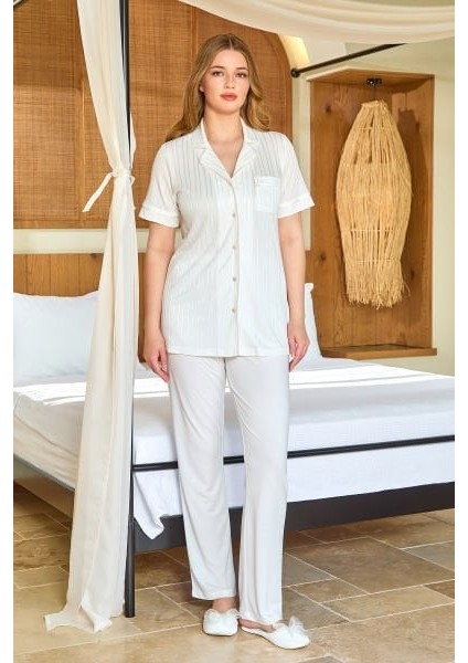 25510 Kadın Krem Kısa Kol Gömlek Yaka Viskon Pijama Takımı