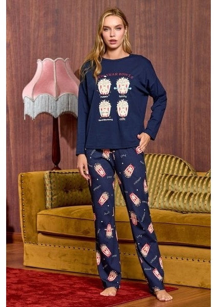 25037 Kadın Laci Baskı Detay Uzun Kol Pamuklu Pijama Takımı